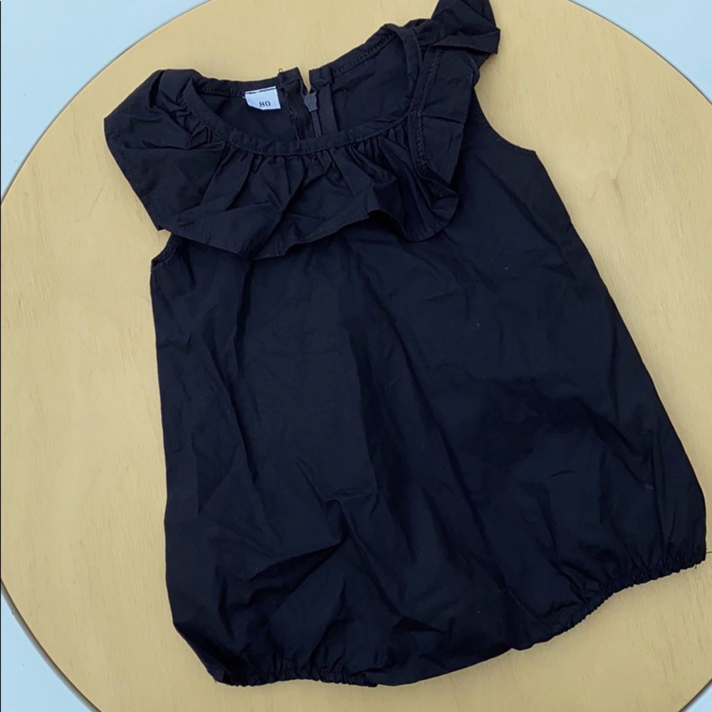 Black ruffle neck zip back romper onesie